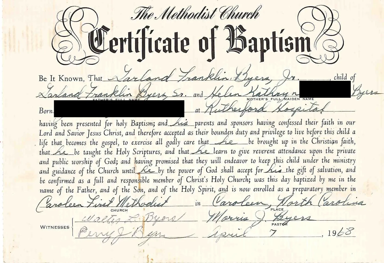 Certificado de Bautismo de Garland Franklin Byers, Jr.