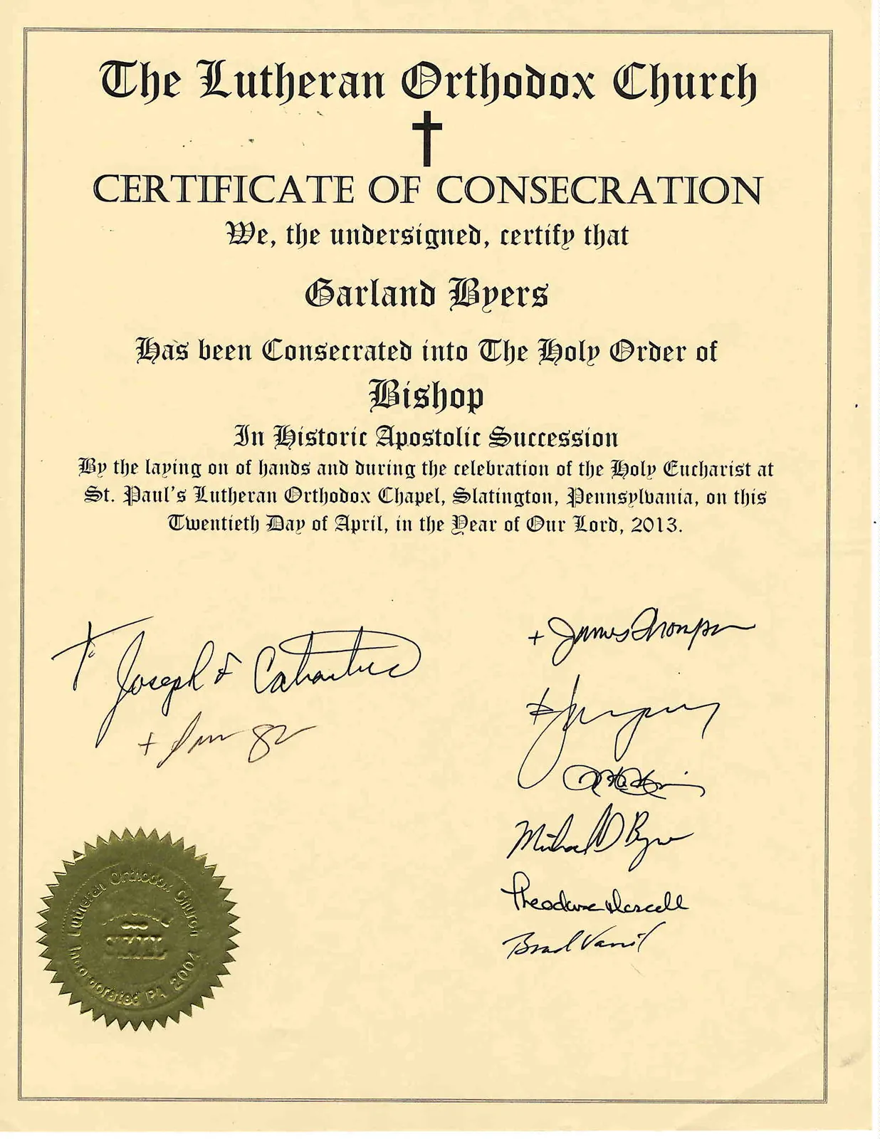 Certificado de Consagración