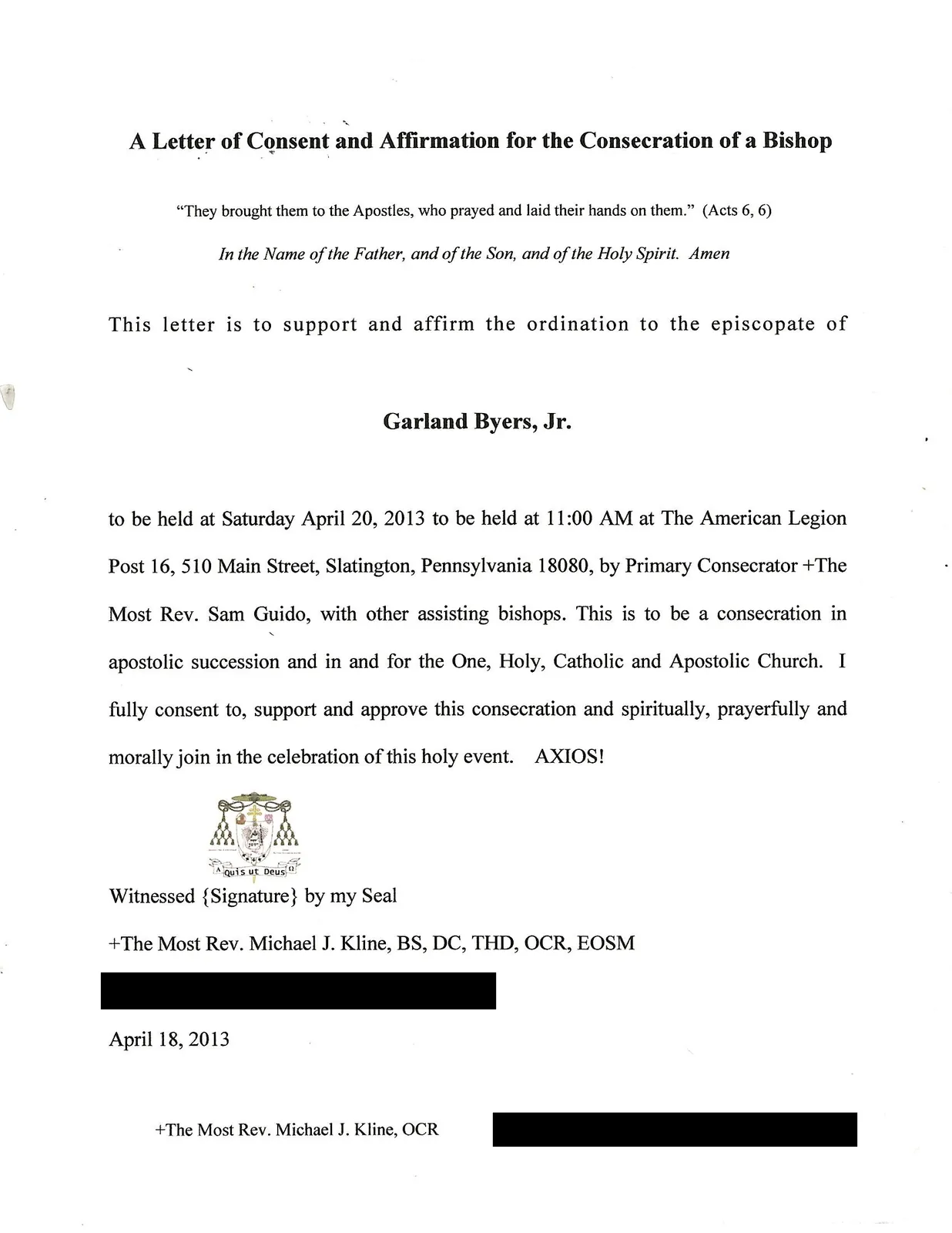 Carta de Consentimiento y Afirmación del Obispo Michael J. Kline