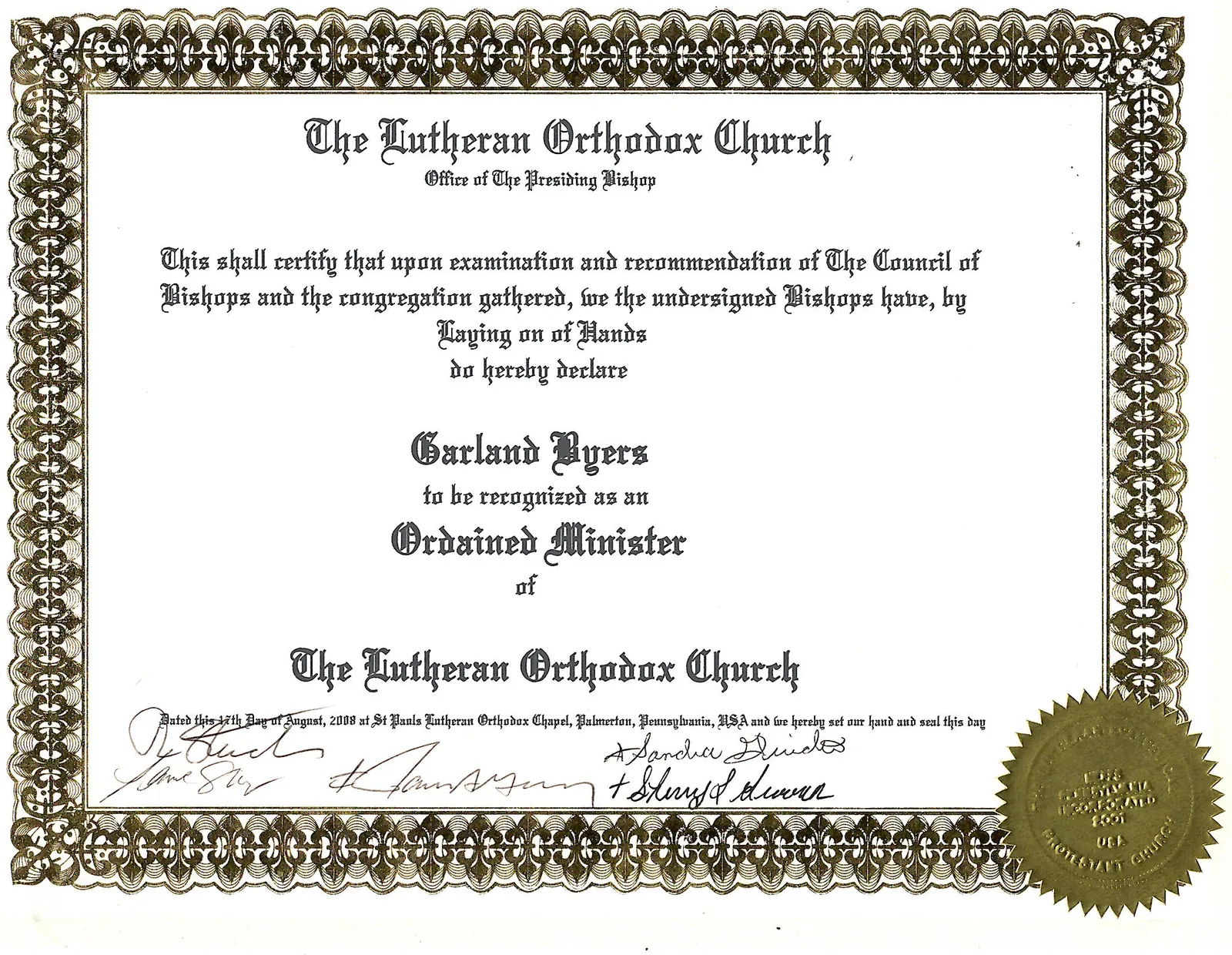Certificado que reconoce a Garland Byers como Ministro Ordenado