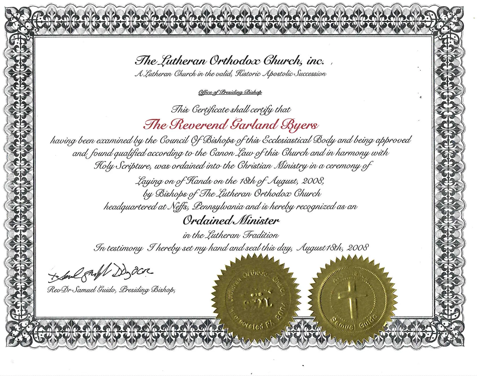 Certificado de ordenación firmado por el Arzobispo Samuel Guido