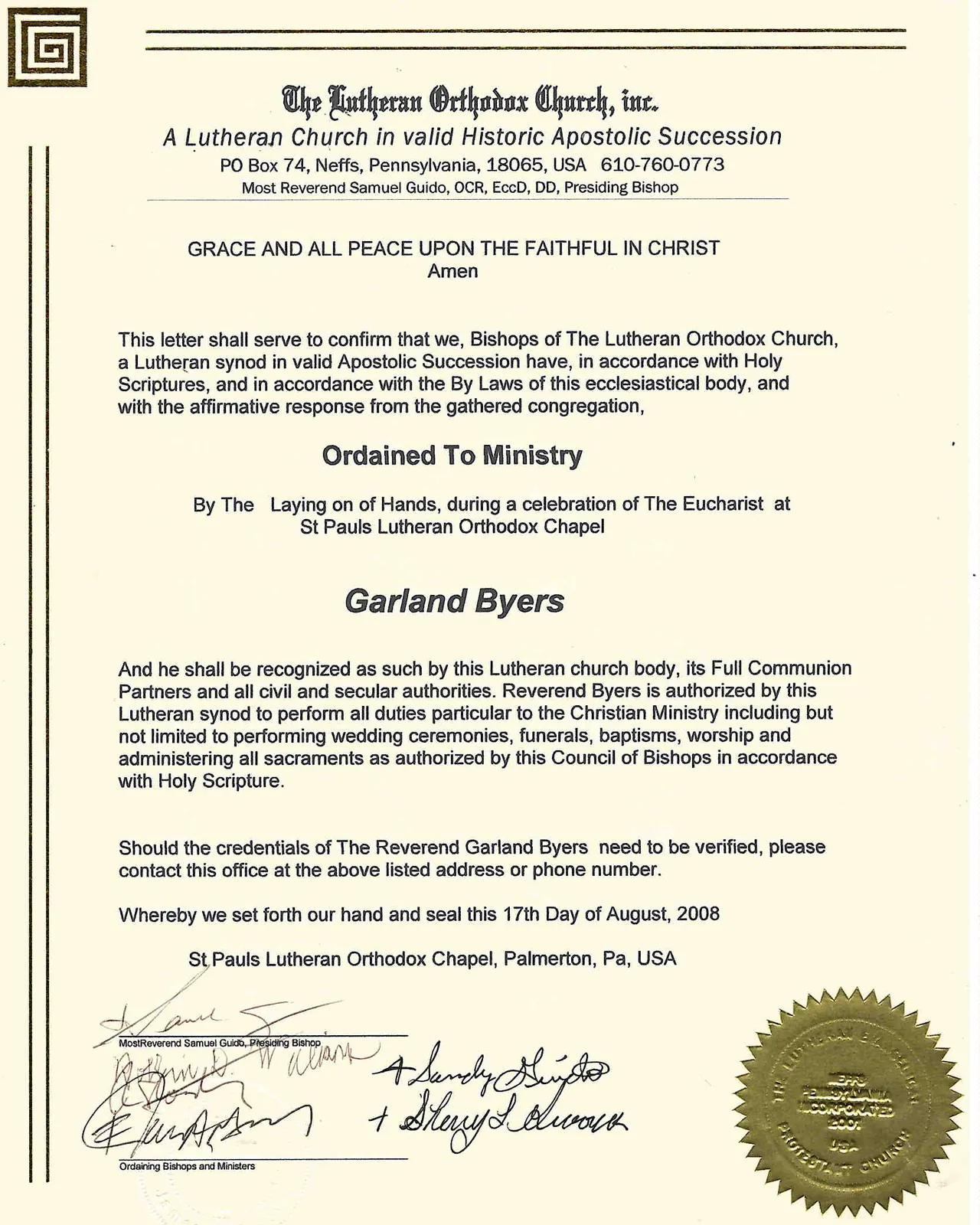 Carta de ordenación al ministerio de la Lutheran Orthodox Church