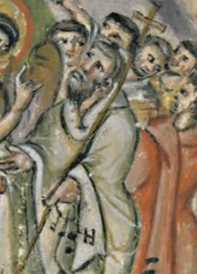 St. Peter with his cross-staff, from the Ascension miniature of the Rabbula Gospels, Syriac, A.D. 586