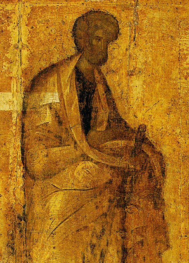 El Apóstol Pedro, icono del nivel de la Déesis de la Catedral de la Anunciación, Moscú, atribuido a Teófanes el Griego
